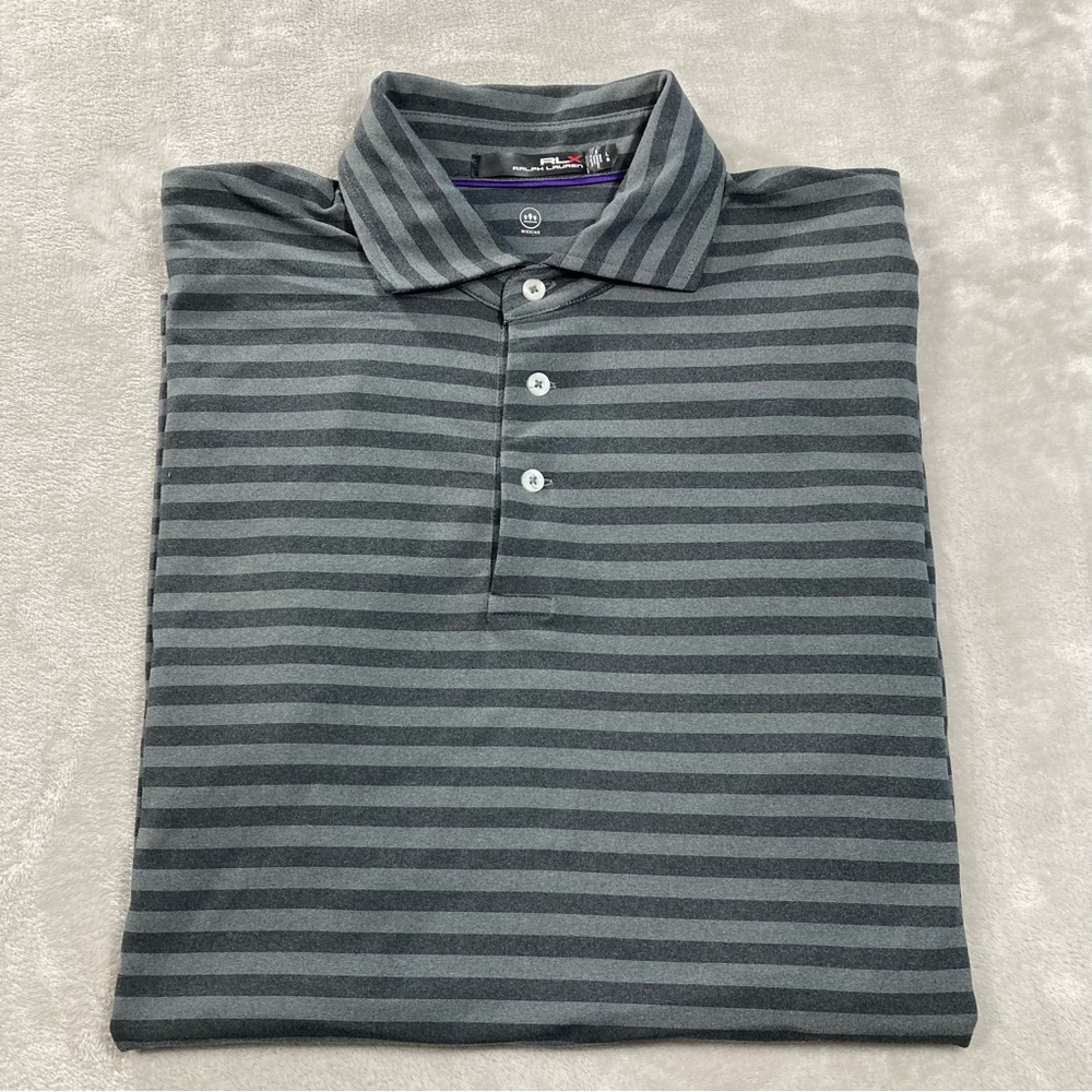 RLX Polo Ralph Lauren Golf Black Grey Striped Polo Shirt Men's Sz L Wicking